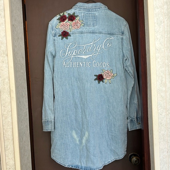 Superdry Real 54 oversized denim rose embroidered western shirt dress. NWT - Picture 2 of 7